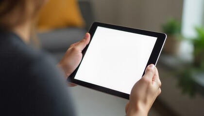 Woman using mockup tablet computer with blank screen, technology concept.