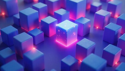 Obraz premium Glowing Cube in a Field of Blue Cubes, Abstract 3D Technology Concept.