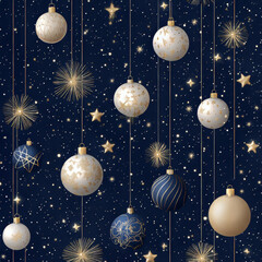 Geometric Christmas baubles and stars pattern in gold and white on dark blue background 