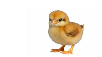 Fototapeta premium baby chick, fluffy, yellow feathers, orange beak, tiny feet, adorable, curious expression, realistic rendering, white background, studio lighting, high detail, macro photography