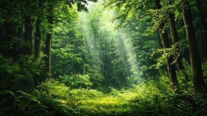 Obraz premium Sunbeams Filtering Through Dense Green Forest Canopy