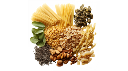 Assorted pasta shapes, dried lentils, mixed nuts, various seeds, whole wheat grains, colorful legumes, raw ingredients, healthy food collection, culinary ingredients, Mediterranean diet