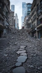 City Destroyed by Earthquake – Devastated Urban Ruins Submerged in Debris After Strong Quake