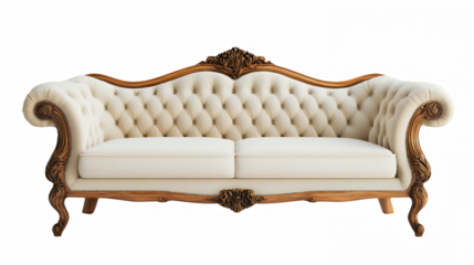 Elegant Victorian sofa, ornate wooden frame, tufted cream upholstery, curved backrest, carved floral details, antique furniture, rich brown wood, luxurious living room decor, classic design