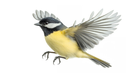 colorful songbird in flight, dynamic pose, spread wings, yellow breast, black cap, white cheek, detailed feathers, motion blur, naturalistic painting style, ornithological illustration.