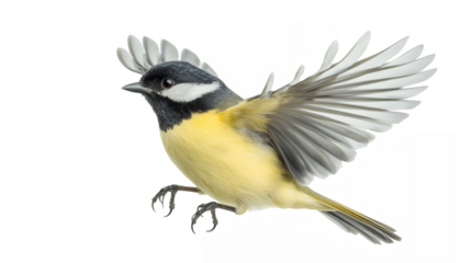 colorful songbird in flight, dynamic pose, spread wings, yellow breast, black cap, white cheek, detailed feathers, motion blur, naturalistic painting style, ornithological illustration.