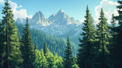 Fototapeta premium Majestic Snow-Capped Mountains Viewed From A Lush Pine Forest