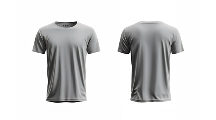 Gray t-shirt, front and back view, plain, simple design, studio lighting, white background, clothing photography, product showcase, minimalist style, high-resolution image, textile detail, casual wear