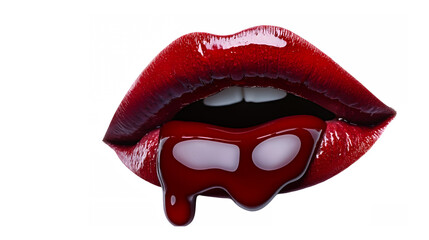 Obraz premium Glossy red lips, vampire fangs, blood dripping, close-up, high contrast, dark background, sensual, haunting, Halloween theme, photorealistic, sharp detail, dramatic lighting, beauty photography, gothi
