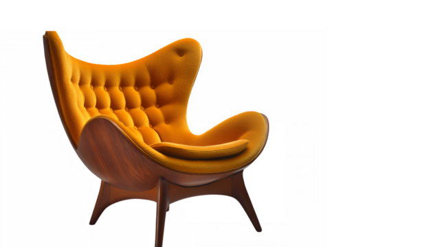 Mid-century modern armchair, egg-shaped, velvet upholstery, mustard yellow, curved wooden base, tufted backrest, wingback design, retro furniture, sleek lines, comfortable seating, vintage style