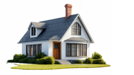Cozy cottage, white clapboard siding, blue roof, dormer window, brick chimney, bay window, lush green lawn, shrubs, warm lighting, inviting entrance, picturesque, charming, detailed 3D rendering