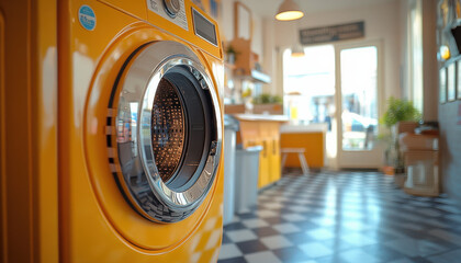 Close-up of yellow washing machine drum with chrome accents in a retro-inspired kitchen