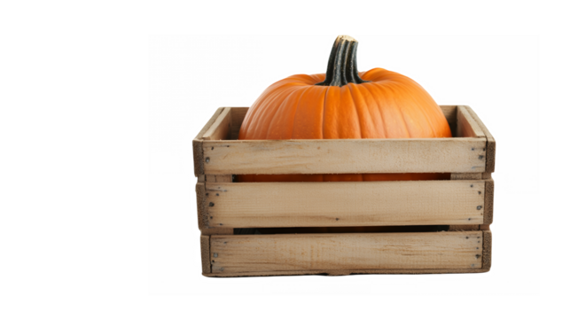 Large orange pumpkin, wooden crate, rustic harvest, autumn decor, white background, minimalist composition, fall season, farm fresh produce, thanksgiving decoration, single gourd, natural textures