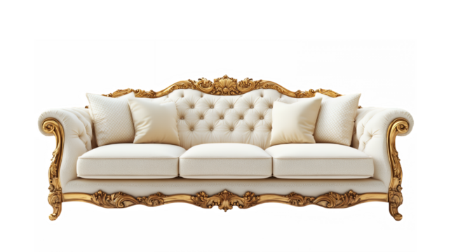 Ornate vintage sofa, rococo style, gold gilded frame, tufted ivory upholstery, decorative carvings, luxurious, elegant, high-end furniture, neutral tones, classical design, intricate details