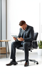 businessman in office working with tablet - bad sitting posture isolated with white highlights, png