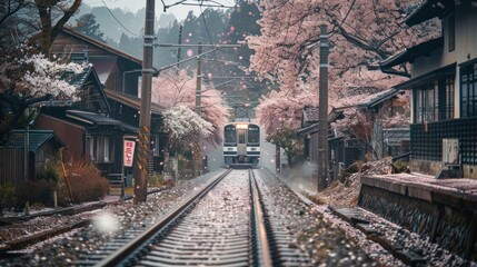 A train track in Japan, flanked by vibrant cherry blossom trees in full bloom on both sides, creating a stunning view of pink petals drifting in the breeze during springtime.