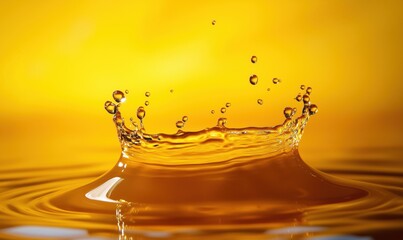 Water splash with yellow background, droplets rising, circular ripple effect, vibrant colors, high-speed photography