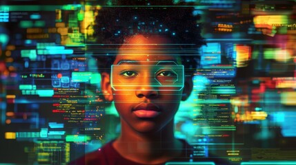 A young person stands against a backdrop of colorful digital data, symbolizing technology and the future.
