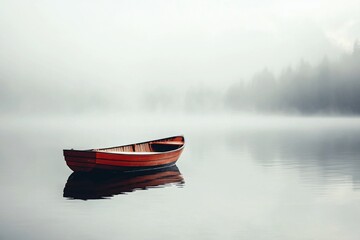 Naklejka premium Solitude on the Water: A Red Boat Adrift in a Misty Lake