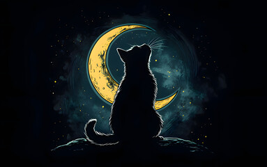 a cat sits on a hill with a moon in the background. Generative AI