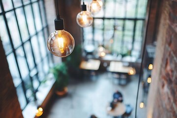 Cozy Industrial Interior with Warm Lighting and Large Windows