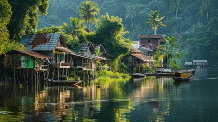 Fototapeta premium Traditional houses along a tropical river, with thatched roofs and wooden walls, blend seamlessly into the lush surroundings. The serene water and vibrant greenery create a peaceful, rustic atmosphere