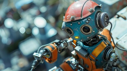 Fototapeta premium A futuristic robot with a blue and orange body and a red helmet, looking at the camera with a curious expression.