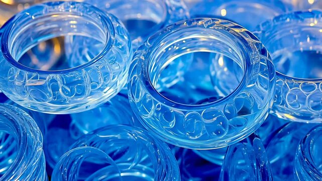 A pile of vibrant blue, translucent rings with an etched pattern is shown
