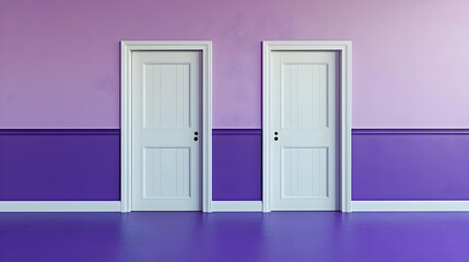 Two White Doors in a Purple Room 3D Illustration