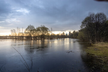 Fototapeta premium Lake with trees in the background and a cloudy sky