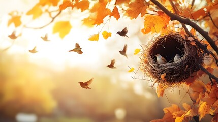 A picture of birds nesting or flying in an autumn tree.