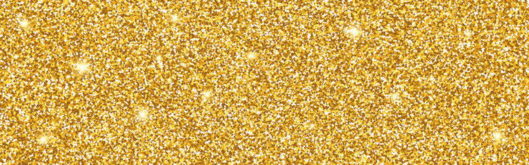 Glitter gold background. Wide golden texture with shimmer. Bright glamour sequin for gift card, poster or certificate. Shiny premium design. Vector illustration.