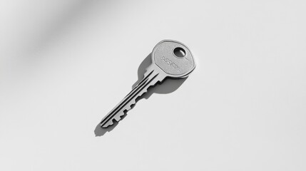 A single silver key with a long, serrated edge and a round head with a small hole at the top, casting a shadow on a white surface.