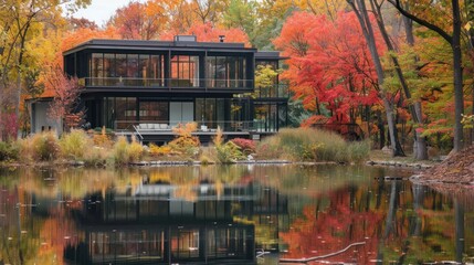 Obraz premium An industrial-style home atop a rocky lakeside cliff, featuring steel beams, concrete walls, and large glass panels. Surrounded by autumn foliage, it offers warm tones and tranquil water views.