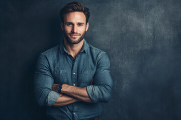 Portrait of a confident man with a warm smile and folded arms, exuding charisma, leadership, and professionalism, ideal for business, lifestyle, and motivational themes.