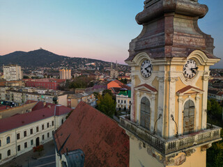 clock on the European Cathedral in Vrsac, Serbia - aerial view
