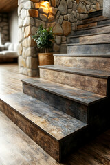 Wooden Staircase with Stone Wall Background - Photo