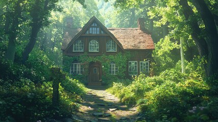 Obraz premium A Quaint Cottage Nestled Among Lush Greenery in a Sun-Dappled Forest