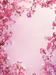 Soft pink background with central blank space, edged by gently curving branches cherry blossoms