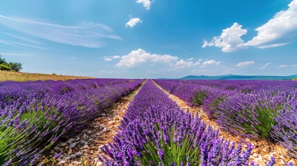 A vast lavender field stretches endlessly, with vibrant purple blooms swaying in the breeze. In the center, a stone pathway winds through, adding a serene, rustic charm to the scene.