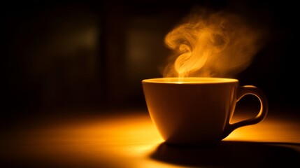 Fototapeta premium A steaming cup of coffee glows in the darkness, casting an ethereal light on the table.