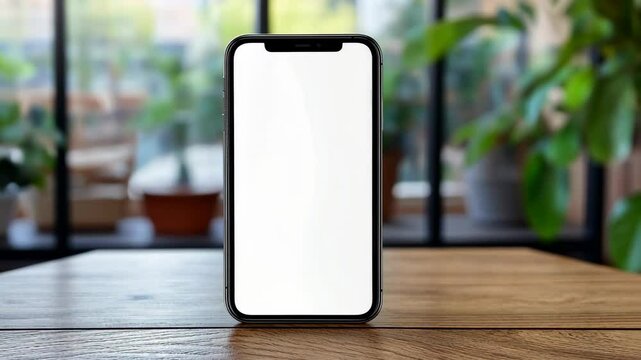 A modern smartphone rests on a light brown wooden table