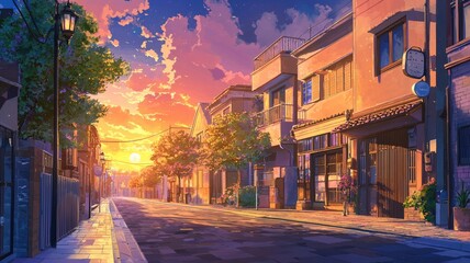 Sunset-lit Street in a Japanese City with Shops and Trees