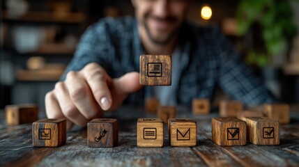 quality warranty concept man s hand puts the wooden cubes with quality warranty icon on wooden cubes with grey background used for banner and advertising product and service quality commitment