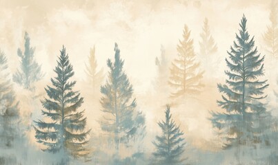 Obraz premium Misty forest landscape with evergreen trees, soft hues of blue and beige, serene atmosphere, nature-inspired art