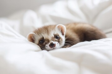 Relaxing Ferret Curled Up on Soft White Blanket