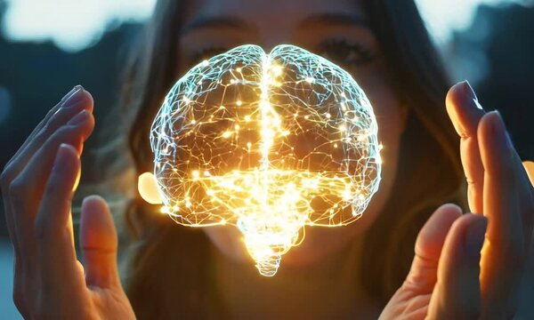 Woman Holding a Luminous Brain