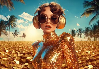Glamorous Woman in Golden Dress with Headphones in Field of Coins Under Palm Trees and Blue Skies