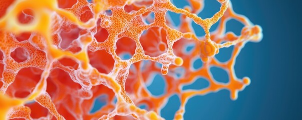 A vibrant close-up image showcasing a network of interconnected, colorful cellular structures against a blue background.