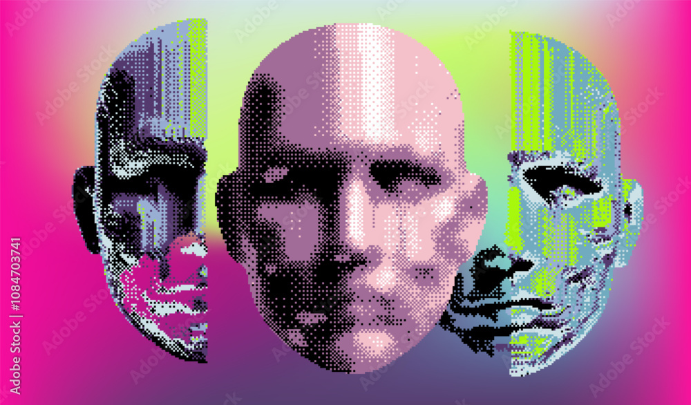 Aufkleber Conceptual vector illustration portraying overlapping faces in purple and green tones, symbolizing the gradual breakdown of identity and information through pixelated distortion.